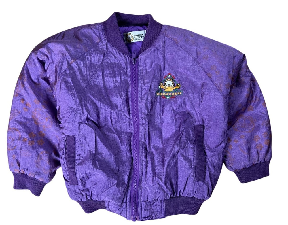 Vintage Garfield Jacket Girls 4 Purple Windbreaker Nylon Taffeta Zip Pockets
